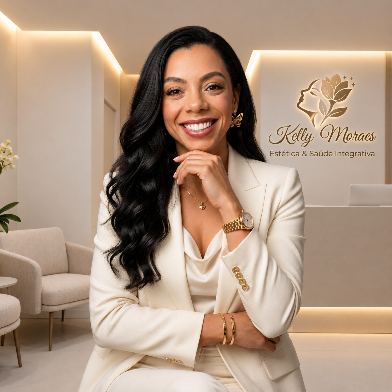 Dra. Kelly sentada em seu consultório com a marca ao fundo